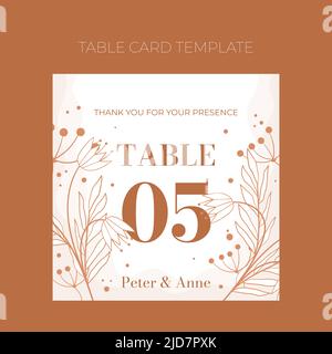 Matrimonio floreale modello numero tabella in stile doodle, carta invito design beige e fiori bianchi, foglie e bacche. Motivo decorativo del telaio e corona. Decorazione vettoriale elegante su bianco Illustrazione Vettoriale