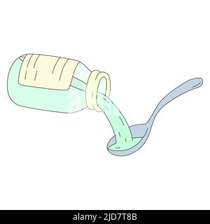 Tosse medicinale e cucchiaio primo piano. Illustrazione del vettore cartoon isolato su sfondo bianco Illustrazione Vettoriale