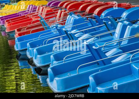 Monaco di Baviera, Germania. 19th giugno 2022. Le pedalò colorate aspettano i passeggeri sulla riva di Kleinhesseloher See. Credit: Peter Kneffel/dpa/Alamy Live News Foto Stock