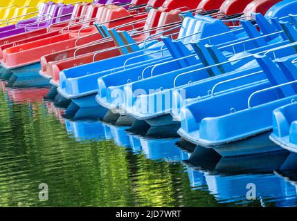 Monaco di Baviera, Germania. 19th giugno 2022. Le pedalò colorate aspettano i passeggeri sulla riva di Kleinhesseloher See. Credit: Peter Kneffel/dpa/Alamy Live News Foto Stock