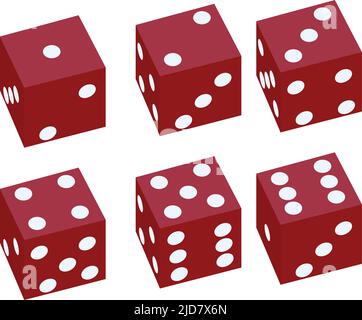 Dadi di gioco rossi. Set di dadi di gioco, isolati su sfondo bianco. Taglia i dadi in un design piatto e lineare da uno a sei. Illustrazione vettoriale Illustrazione Vettoriale