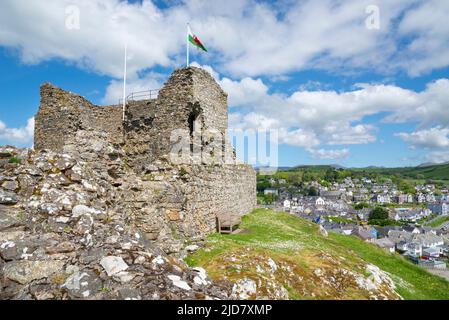Le rovine del castello di Criccieth sopra la città di Criccieth che guarda su Tremadog Bay, Lleyn Peninsula, Galles del Nord. Foto Stock