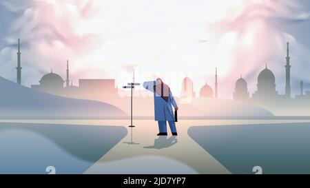 frustrato imprenditore arabo che sceglie la giusta direzione al segno di strada importante scelta opportunità di carriera Illustrazione Vettoriale