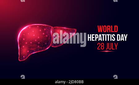 Reticolo del fegato. Concetto di giornata mondiale dell'epatite. Modello di banner con basso fegato poly incandescente. Moderno astratto futuristico. Isolato su sfondo scuro. Ve Illustrazione Vettoriale