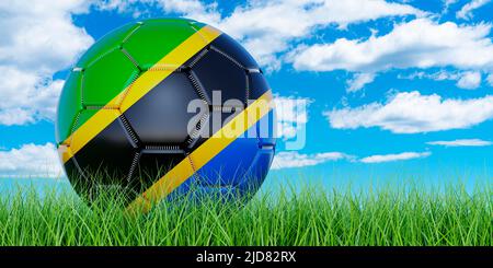 Pallone da calcio con bandiera tanzaniana sull'erba verde contro il cielo blu, 3D rendering Foto Stock