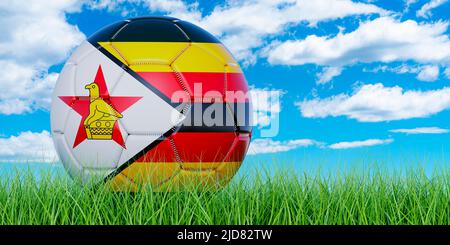 Pallone da calcio con bandiera dello Zimbabwe sull'erba verde contro il cielo blu, 3D rendering Foto Stock