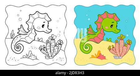 Sfondo marino. Libro da colorare o pagina da colorare per bambini. Sea Horse vettore illustrazione clipart Illustrazione Vettoriale