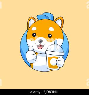carino shiba inu cane che tiene bottiglia di bevanda per cibo bevanda animale mascotte cartoon illustrazione vettoriale Illustrazione Vettoriale
