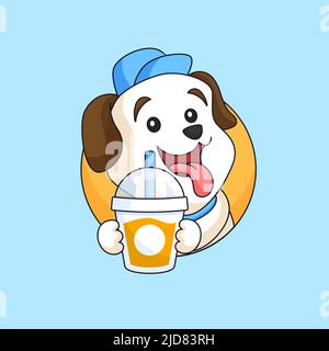 Happy dog tenendo fresco deliziosa bevanda tazza animale mascotte cartoon illustrazione vettoriale Illustrazione Vettoriale