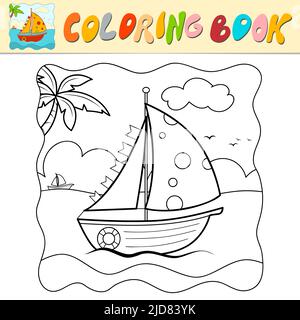 Libro da colorare o pagina da colorare per bambini. Illustrazione vettoriale in bianco e nero dell'imbarcazione. Sfondo della natura Illustrazione Vettoriale