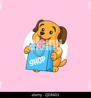 Cucciolo cane che tiene shopping borsa animale negozio mascotte logo illustrazione vettoriale Illustrazione Vettoriale