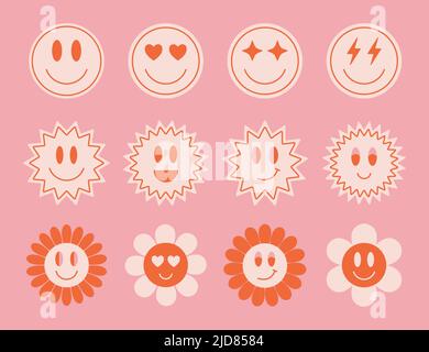 Set di semplici e simpatici adesivi per sorridere hipster. Trendy retrò astratto patch. Illustrazione vettoriale. Illustrazione Vettoriale