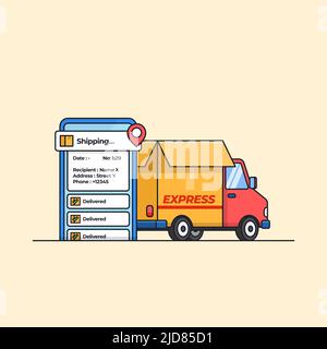 camion auto con cartone scatola di carta e localizzazione tracker app mobile per il servizio di spedizione espresso moderno vettore illustrazione Illustrazione Vettoriale