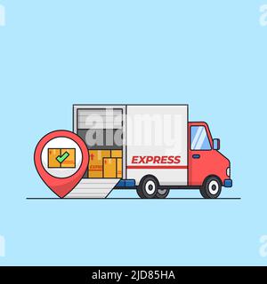 spedizione riuscita sul luogo di consegna carrello pieno carico con illustrazione vettoriale della scatola di imballaggio Illustrazione Vettoriale