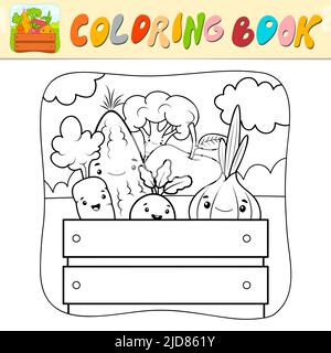 Libro da colorare o pagina da colorare per bambini. Illustrazione vettoriale in bianco e nero delle verdure. Sfondo della natura Illustrazione Vettoriale
