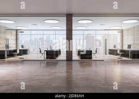 Vista frontale su porte di vetro in ufficio open space con arredamento scuro, eleganti lampade rotonde, pavimento di storia in ceramica e vista della città di megapolis fr Foto Stock