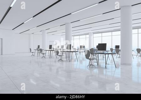 Vista laterale su uno spazioso ufficio di coworking con spazi di lavoro dal design minimalista, colonne bianche, lampade a LED sulla parte superiore e pavimento in marmo lucido. 3D rendering Foto Stock