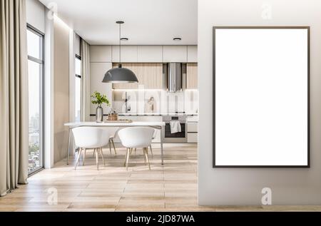 Vista frontale su poster bianco in cornice nera su parete luminosa in luminosa sala da cucina con mobili bianchi, moderna lampada rotonda dall'alto, pavimento in legno e. Foto Stock