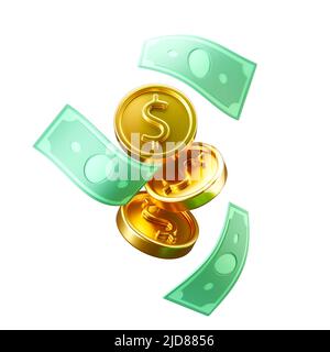 Fluttuante curly dollaro fatture e monete d'oro dollaro isolato su sfondo bianco Foto Stock