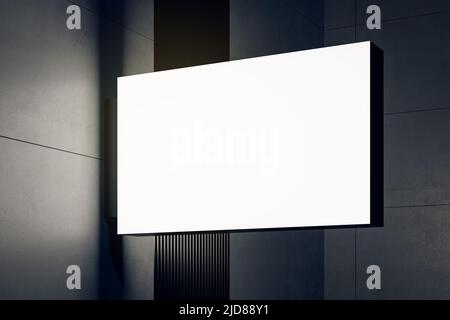 Vista prospettica su un tabellone luminoso rettangolare bianco su un moderno edificio dalle pareti scure con spazio per il logo o il nome della società. 3D rendering Foto Stock