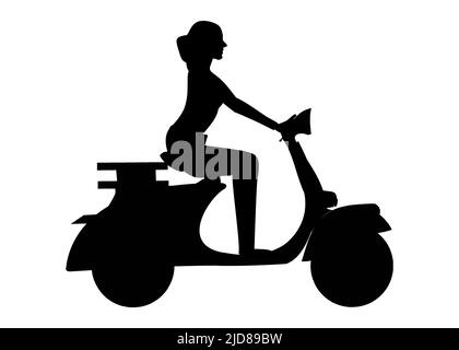 Fumetto nero Silhouette femmina personaggio Riding Moto o scooter. Illustrazione vettoriale Illustrazione Vettoriale