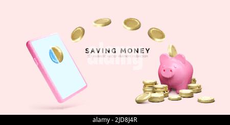 Telefono cellulare con monete d'oro volanti e banca piggy. Modello di business per il risparmio di denaro. Piggy banca concetto di deposito di denaro e di investimento per finanziaria a Illustrazione Vettoriale