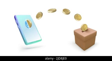 Monete d'oro cadenti dal telefono cellulare alla scatola di donazione isolata su sfondo bianco. Banner o modello per app mobile o servizio di donazione online. VECTO Illustrazione Vettoriale