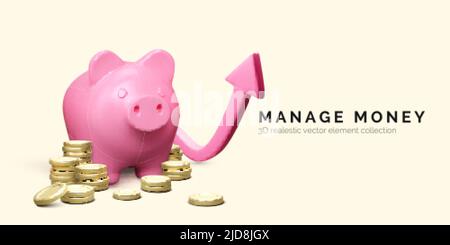 Piggy banca con pila di monete d'oro e crescita freccia su. Gestione del denaro. 3D stack realistico di maiale e denaro. Investimento finanziario e concetto di business. Illustrazione Vettoriale