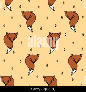 Motivo vettoriale senza cuciture con volpi su sfondo rosa chiaro. Carta da parati di animali. Fauna selvatica moda tessile casa decorazione. Illustrazione Vettoriale