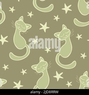 Pattern vettoriale senza cuciture con gatti e stelle sognanti su sfondo grigio. Cute semplice animale carta da parati design con gattini. Illustrazione Vettoriale