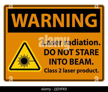 Avvertenza radiazione laser,non fissare il raggio,prodotto laser classe 2 Sign on white background Illustrazione Vettoriale