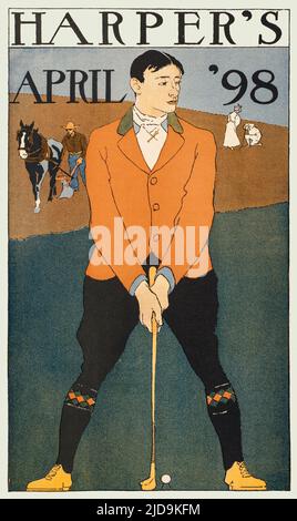 Un dettaglio da un giro del 20th secolo illustrazione di Edward Penfield (1866-1925) considerato da molti come il padre del poster americano. Con un giovane golfista in procinto di tee-off, con un uomo e un aratro trainato da crine sullo sfondo. Originariamente una copertina della rivista Harper’s Magazine, il più antico mensile d’interesse generale in America. Foto Stock