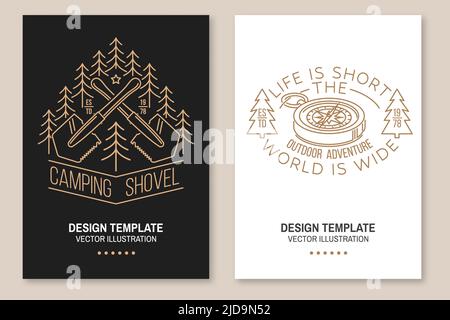 La vita è breve e il mondo è ampio. Avventura all'aperto. Preventivo Camping. Vettore. Set di volantino, brochure, banner, poster con pala per camper Illustrazione Vettoriale