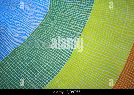 pavimento della piscina in colofrul asimmetrico a causa del movimento dell'acqua. piastrelle blu, giallo, verde, smaltate Foto Stock