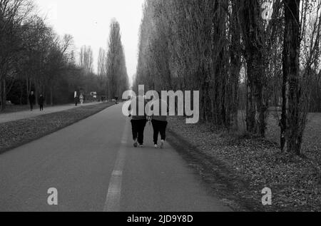 Bresso, Milano, 04-22-2018Two uomini in sovrappeso sparati dietro, corrono allo stesso ritmo in un parco pubblico formando un'immagine simmetrica. Foto Stock