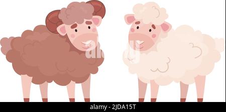 Ariete e pecore soffici, illustrazione vettoriale animale in stile cartone animato. Set di animali da fattoria carini. Illustrazione Vettoriale