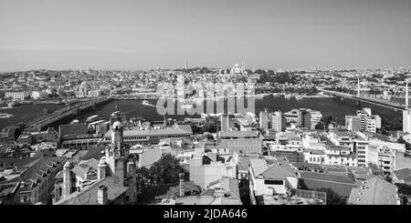 Istanbul, Turchia. Paesaggio urbano panoramico bianco e nero con Corno d'Oro, la principale insenatura del Bosforo Foto Stock