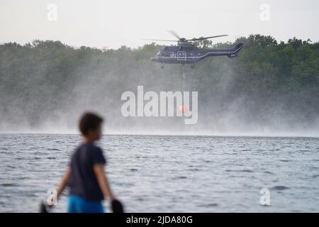 Seddin, Germania. 19th giugno 2022. Un elicottero della polizia federale prende l'acqua al lago Seddin per combattere gli incendi boschivi a Treuenbrietzen e Beelitz. Credit: Jörg Carstensen/dpa/Alamy Live News Foto Stock