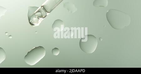 Pipettare con una goccia di olio essenziale per la cura della pelle in un contenitore di vetro su sfondo chiaro. Composizione minimalistica su una superficie di vetro. Foto di alta qualità Foto Stock