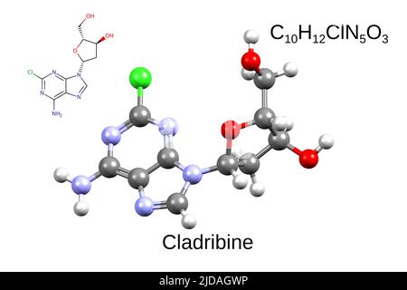 Formula chimica, formula scheletrica, e 3D modello a sfera e bastone di farmaco chemioterapico cladribina, sfondo bianco Foto Stock