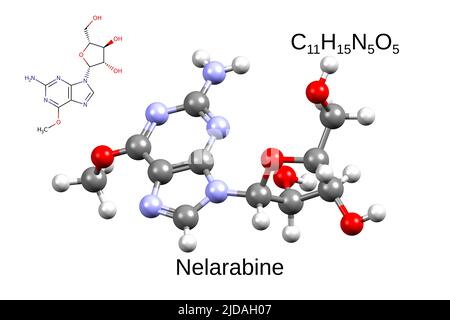 Formula chimica, formula scheletrica, e 3D modello a sfera e bastone di nelarabina farmaco chemioterapeutico, sfondo bianco Foto Stock