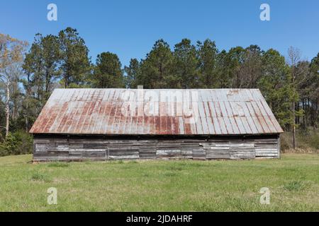 Edificio remoto, un fienile con un tetto arrugginito in un campo. Foto Stock