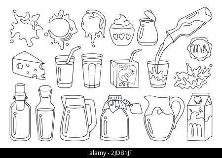Set di scarabucchiate. Prodotti alimentari di fattoria formaggio e yogurt, bevanda in vetro, caraffa, bottiglia o cartone linea design. Versare il latte bianco spruzza gocce gocciolamento. Elemento grafico prodotti lattiero-caseari naturali Illustrazione Vettoriale