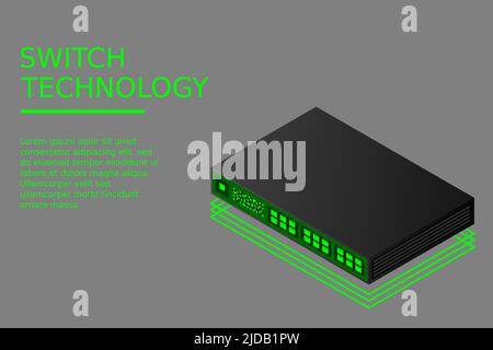 Illustrazione dello switch isometrico con vettore di porta Up link Illustrazione Vettoriale