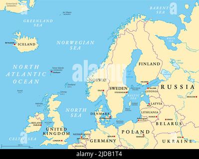 Europa settentrionale, mappa politica. Isole britanniche, Fennoscandia, penisola dello Jutland, pianura baltica a est, e isole al largo della terraferma Europa. Foto Stock