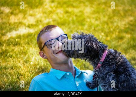 Ragazzo che si stese sull'erba con il suo cane che lo bacia; Edmonton, Alberta, Canada Foto Stock