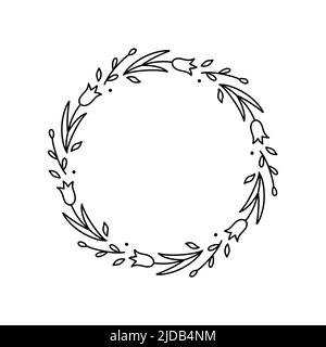 Corona floreale primavera isolato su sfondo bianco. Cornice rotonda con fiori. Illustrazione vettoriale disegnata a mano in stile doodle. Perfetto per carte, inviti, decorazioni, logo, vari disegni. Illustrazione Vettoriale