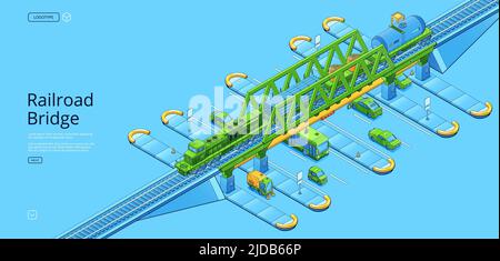 Banner ponte ferroviario con cargo treno isometrico con locomotiva, carri armati e piattaforme su viadotto su autostrada con auto, autobus e spazzatrice. Poster vettoriale del cavalcavia ferroviario Illustrazione Vettoriale