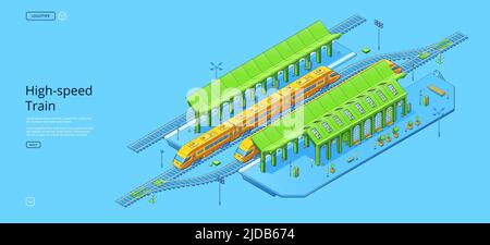 Banner treno ad alta velocità con stazione ferroviaria isometrica, piattaforma Express e vuota. Landing page vettoriale con moderno treno passeggeri veloce su binario ferroviario e edificio del terminal Illustrazione Vettoriale