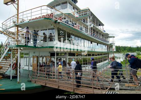 I turisti fanno una gita in barca lungo il fiume Chena; Fairbanks, Alaska, Stati Uniti d'America Foto Stock